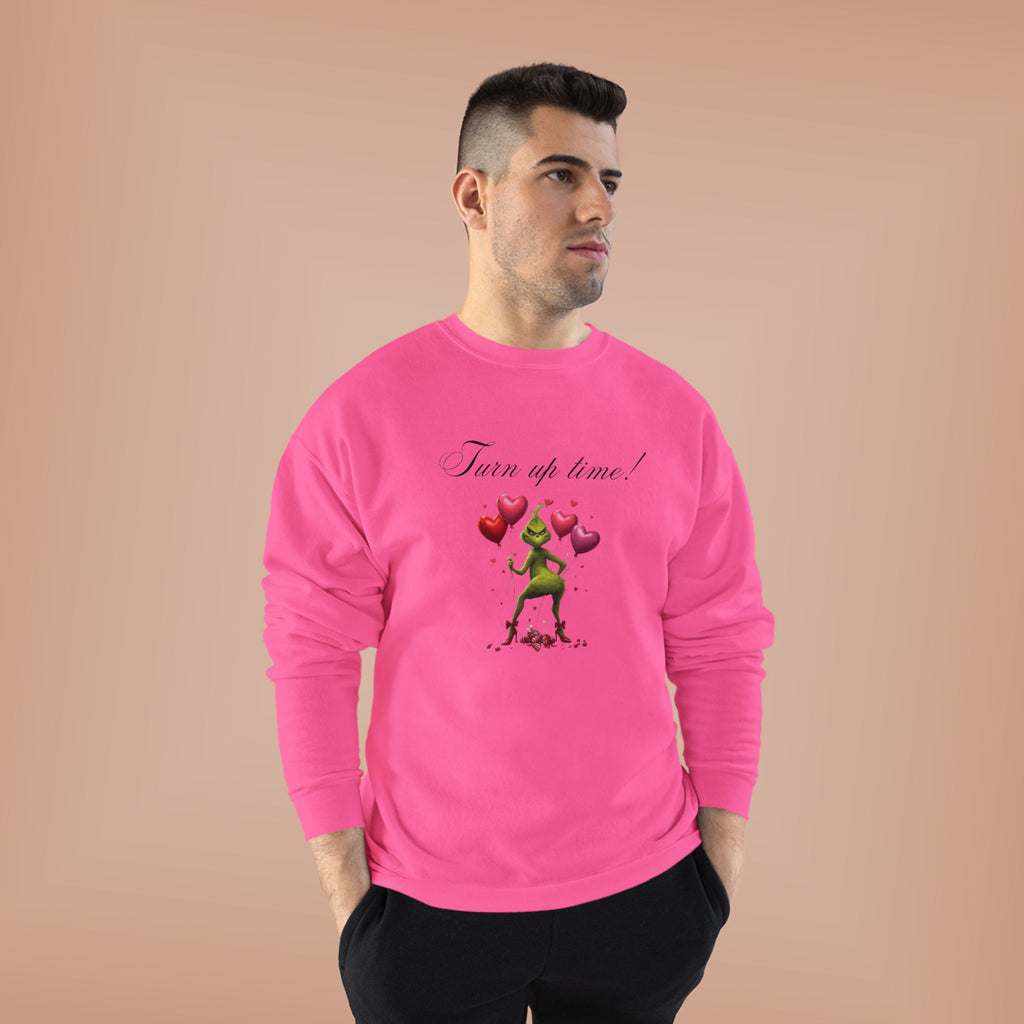 Crewneck Sweatshirt — 'Turn Up Time!' Frog Holding Heart Balloons Romantic Valentine's Pullover