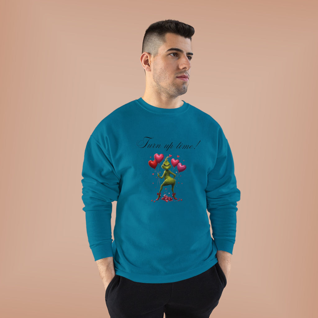 Crewneck Sweatshirt — 'Turn Up Time!' Frog Holding Heart Balloons Romantic Valentine's Pullover