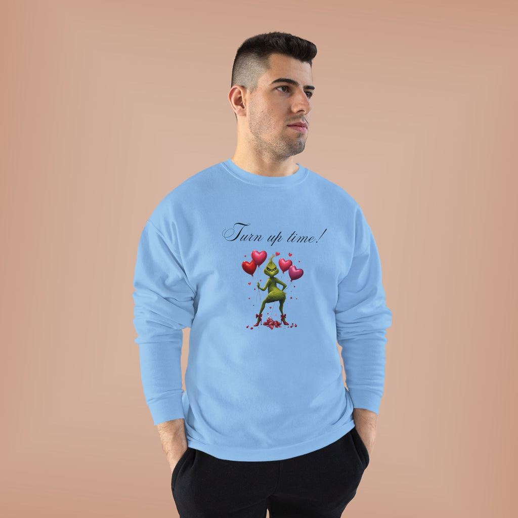 Crewneck Sweatshirt — 'Turn Up Time!' Frog Holding Heart Balloons Romantic Valentine's Pullover