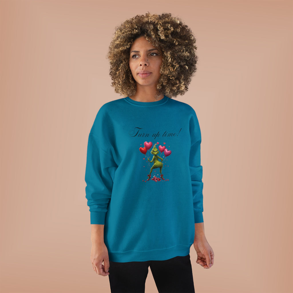Crewneck Sweatshirt — 'Turn Up Time!' Frog Holding Heart Balloons Romantic Valentine's Pullover