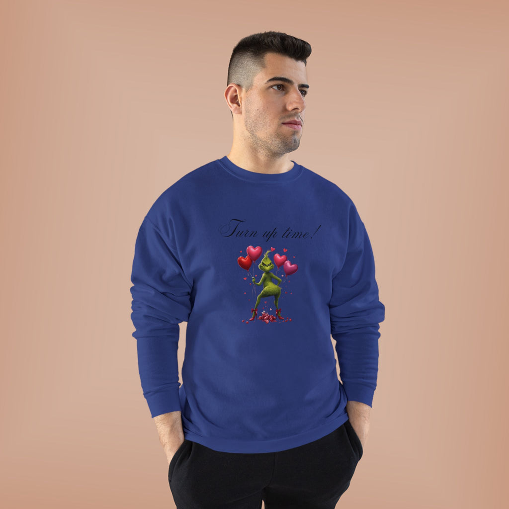 Crewneck Sweatshirt — 'Turn Up Time!' Frog Holding Heart Balloons Romantic Valentine's Pullover