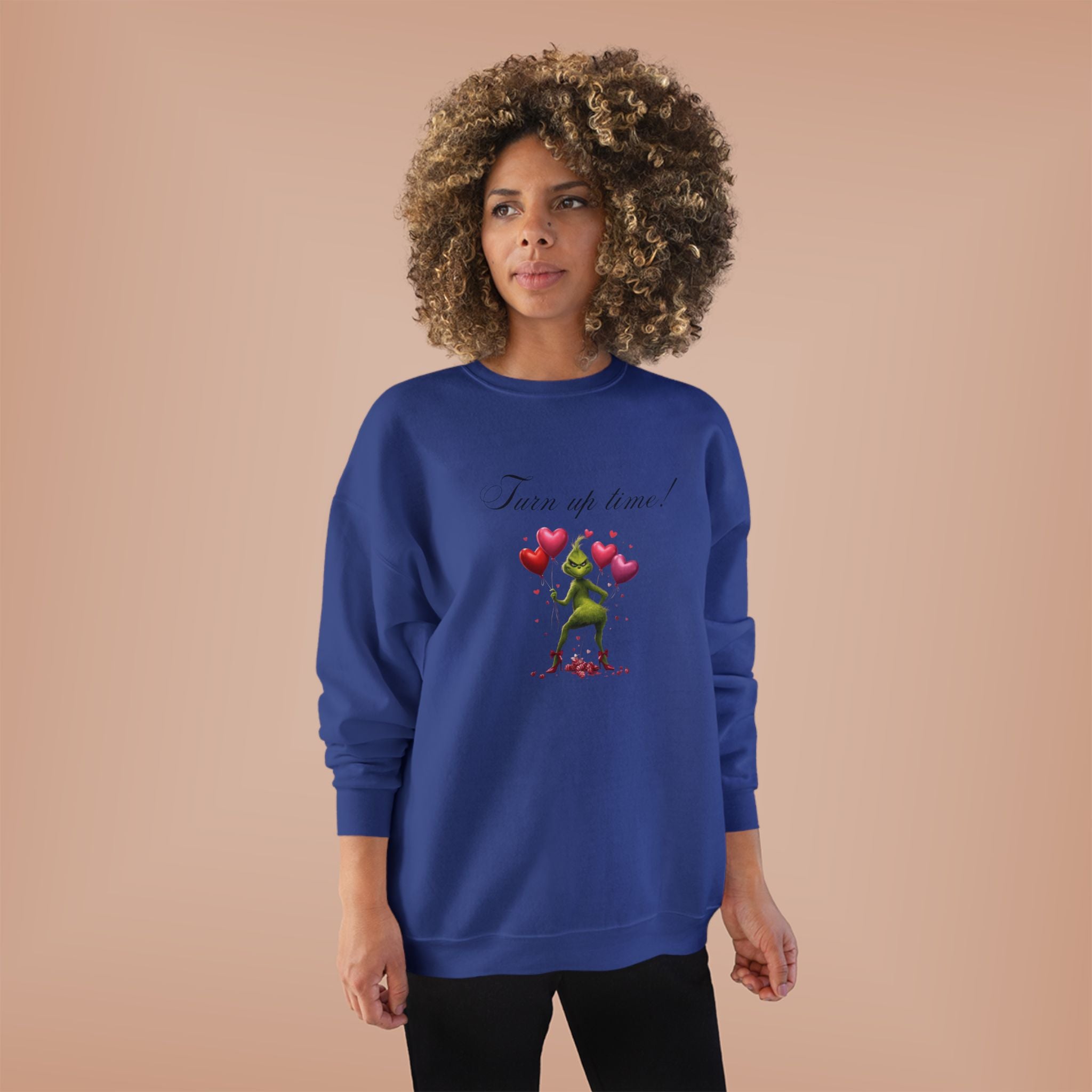 Crewneck Sweatshirt — 'Turn Up Time!' Frog Holding Heart Balloons Romantic Valentine's Pullover