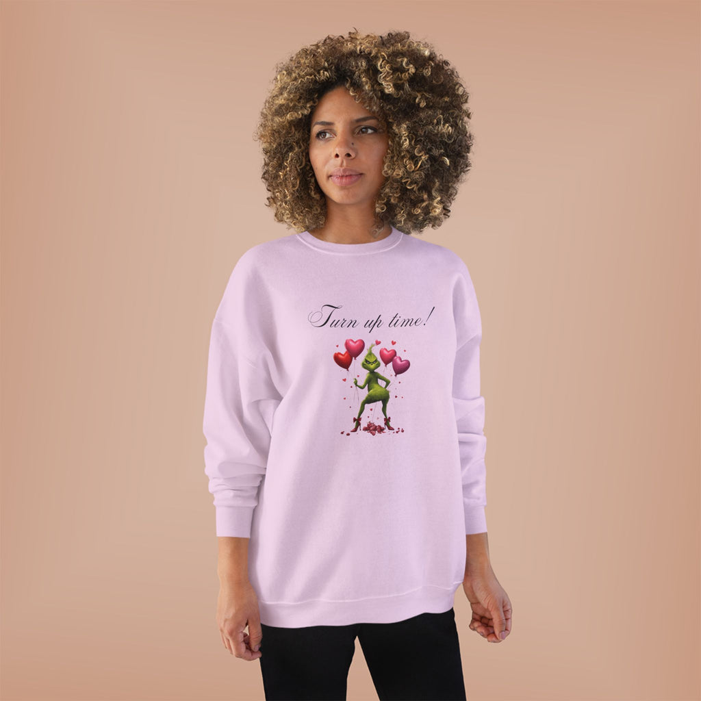 Crewneck Sweatshirt — 'Turn Up Time!' Frog Holding Heart Balloons Romantic Valentine's Pullover