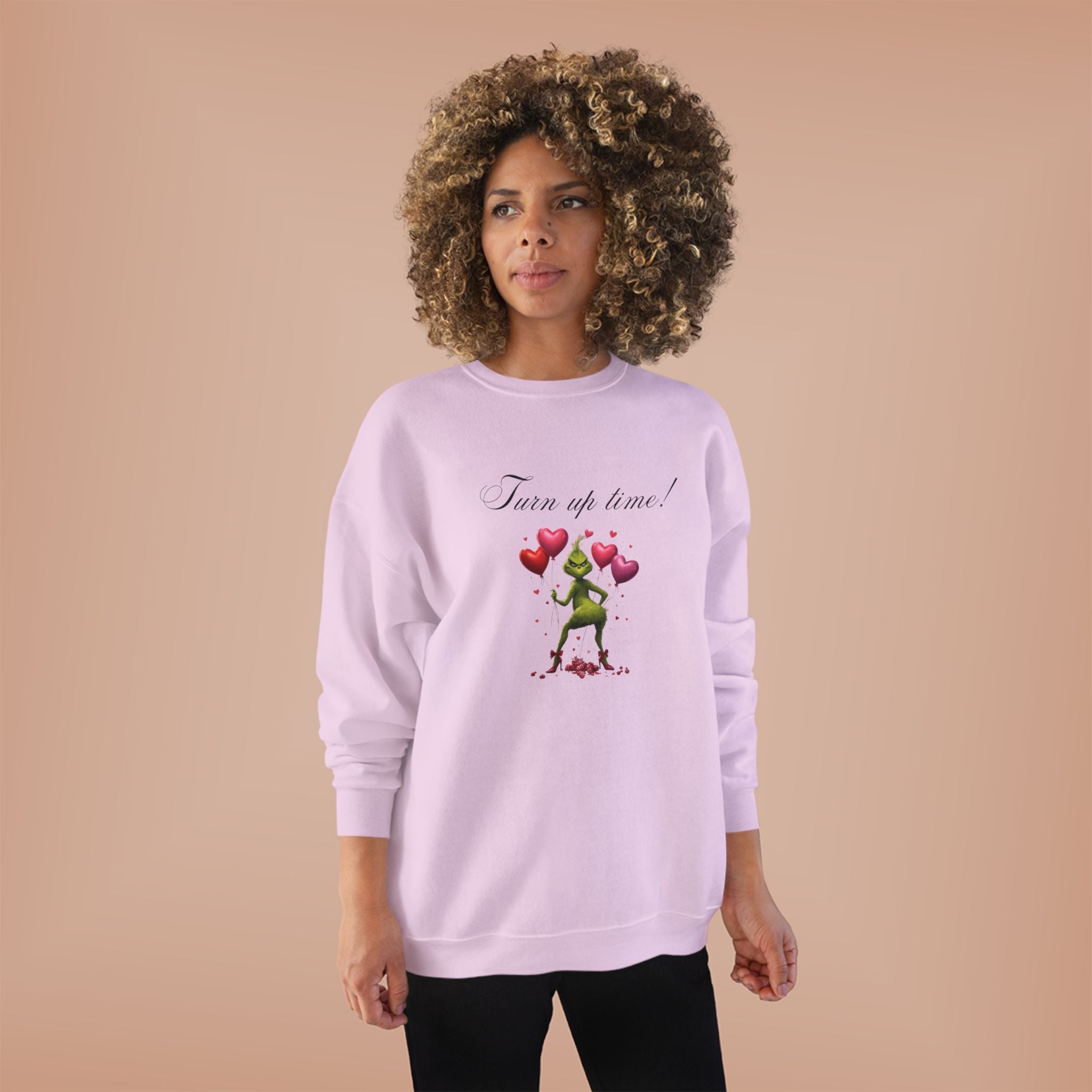 Crewneck Sweatshirt — 'Turn Up Time!' Frog Holding Heart Balloons Romantic Valentine's Pullover