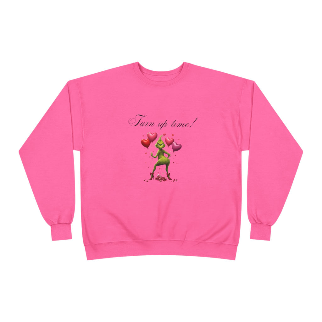Crewneck Sweatshirt — 'Turn Up Time!' Frog Holding Heart Balloons Romantic Valentine's Pullover