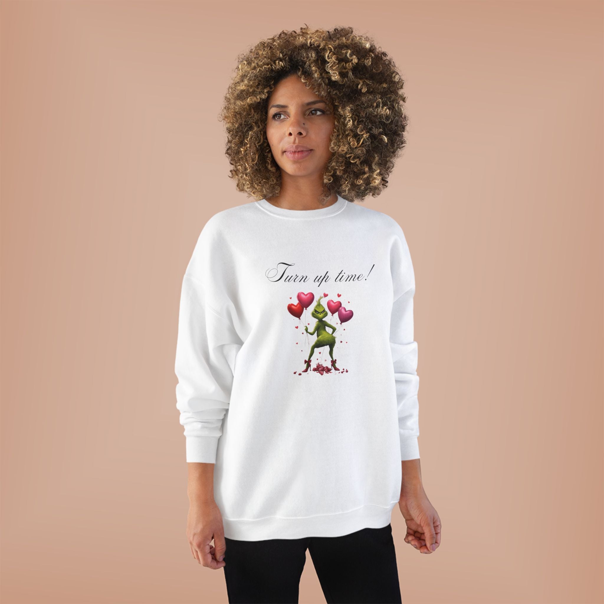 Crewneck Sweatshirt — 'Turn Up Time!' Frog Holding Heart Balloons Romantic Valentine's Pullover
