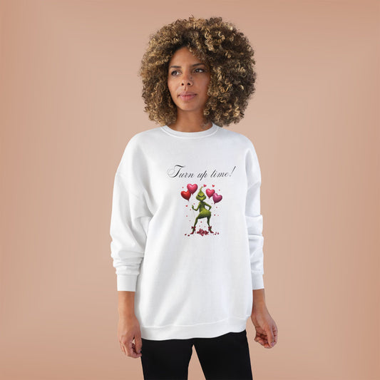 Crewneck Sweatshirt — 'Turn Up Time!' Frog Holding Heart Balloons Romantic Valentine's Pullover