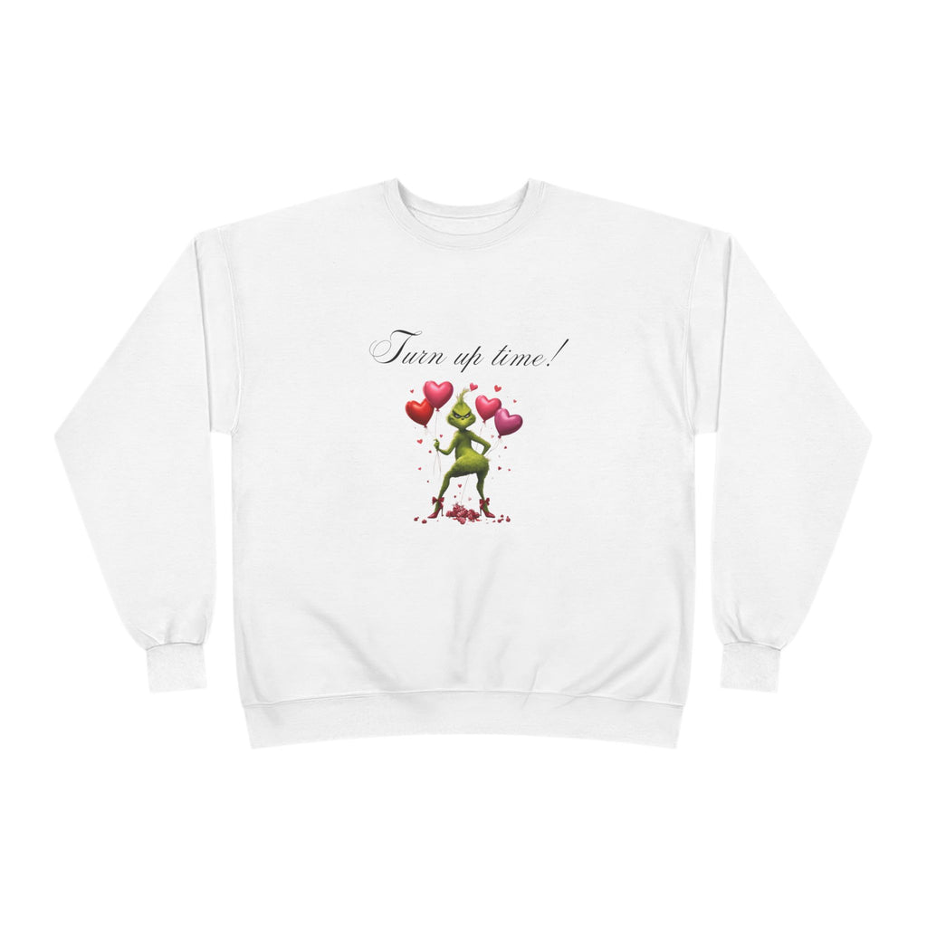 Crewneck Sweatshirt — 'Turn Up Time!' Frog Holding Heart Balloons Romantic Valentine's Pullover