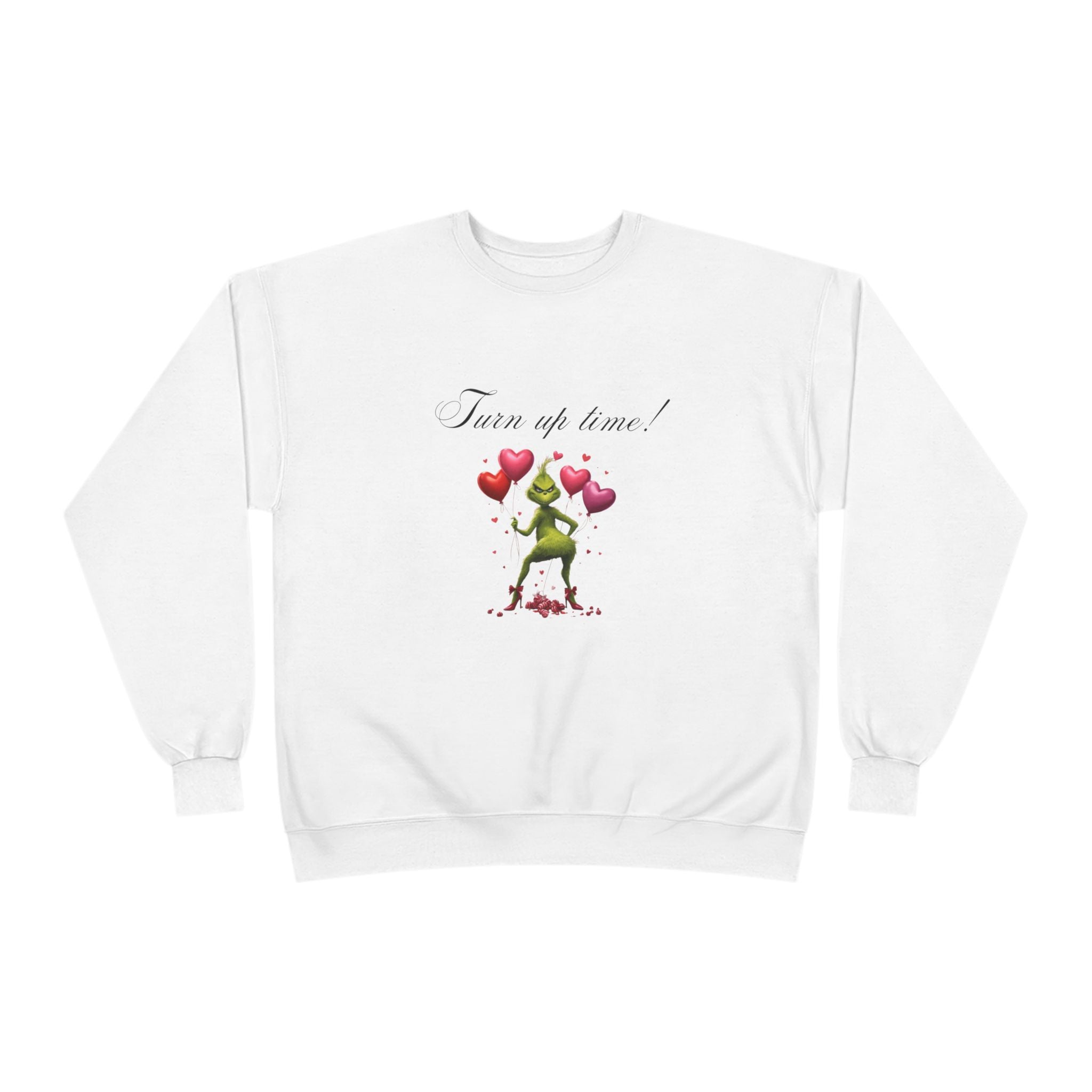 Crewneck Sweatshirt — 'Turn Up Time!' Frog Holding Heart Balloons Romantic Valentine's Pullover
