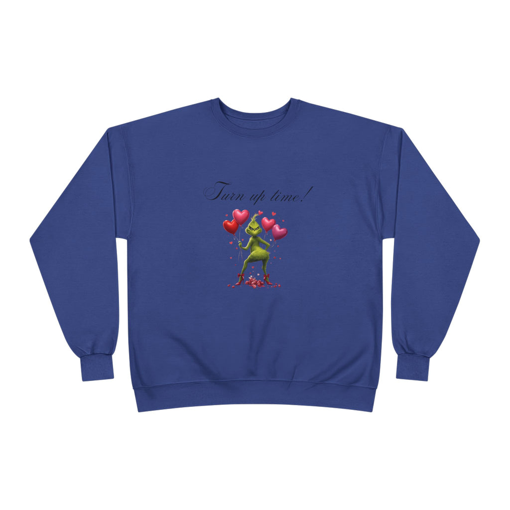 Crewneck Sweatshirt — 'Turn Up Time!' Frog Holding Heart Balloons Romantic Valentine's Pullover