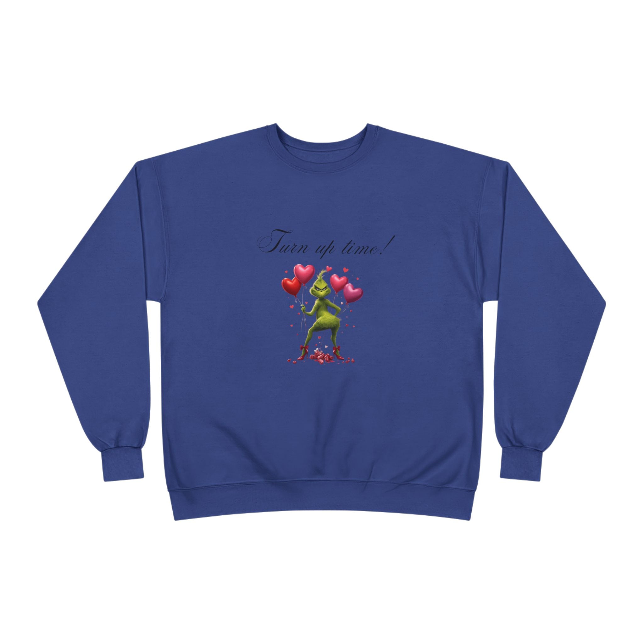 Crewneck Sweatshirt — 'Turn Up Time!' Frog Holding Heart Balloons Romantic Valentine's Pullover