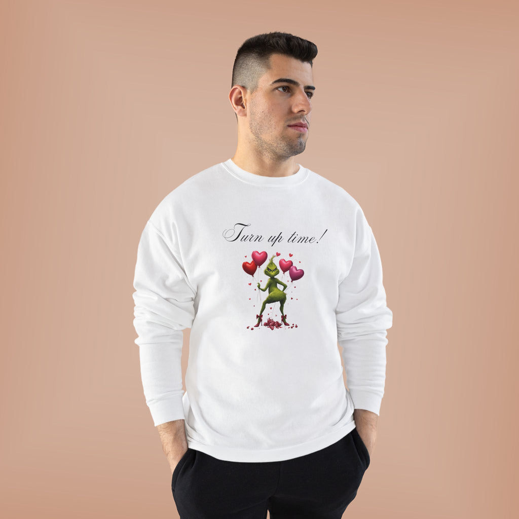 Crewneck Sweatshirt — 'Turn Up Time!' Frog Holding Heart Balloons Romantic Valentine's Pullover