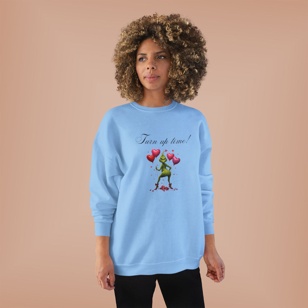 Crewneck Sweatshirt — 'Turn Up Time!' Frog Holding Heart Balloons Romantic Valentine's Pullover