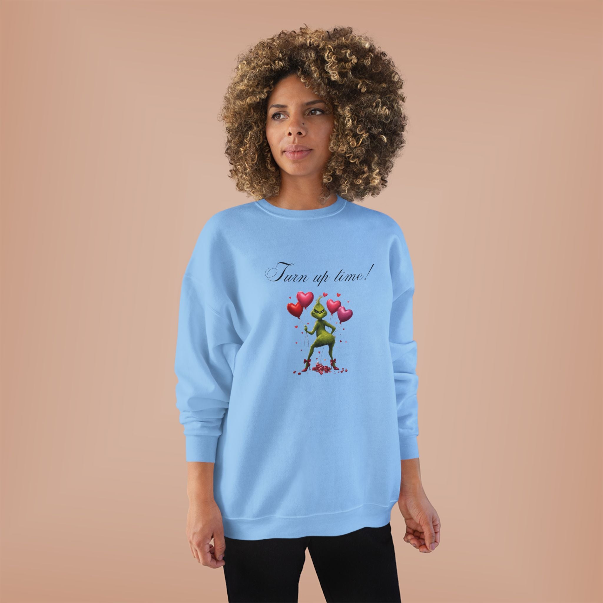 Crewneck Sweatshirt — 'Turn Up Time!' Frog Holding Heart Balloons Romantic Valentine's Pullover