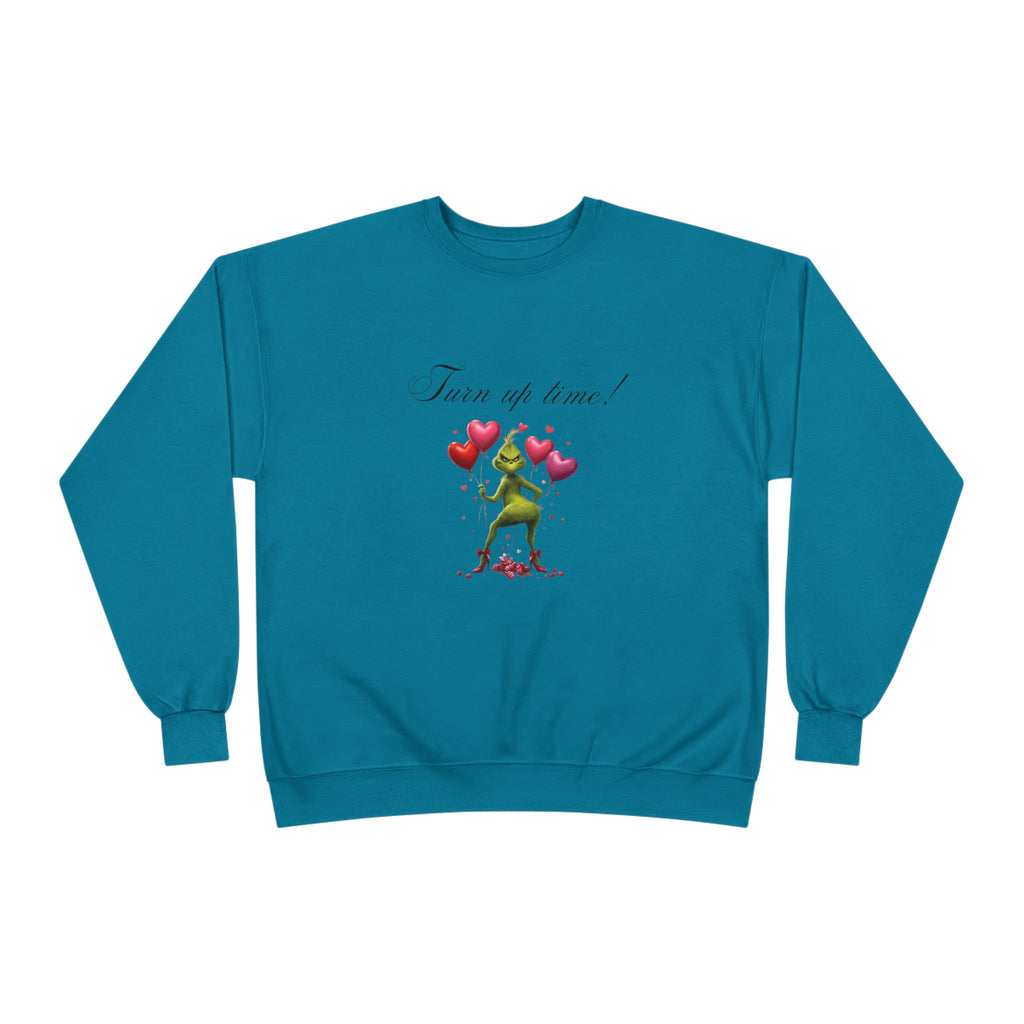 Crewneck Sweatshirt — 'Turn Up Time!' Frog Holding Heart Balloons Romantic Valentine's Pullover