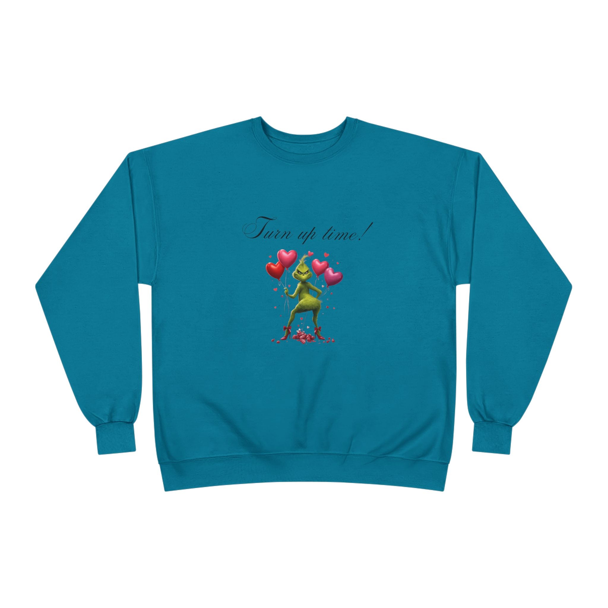 Crewneck Sweatshirt — 'Turn Up Time!' Frog Holding Heart Balloons Romantic Valentine's Pullover