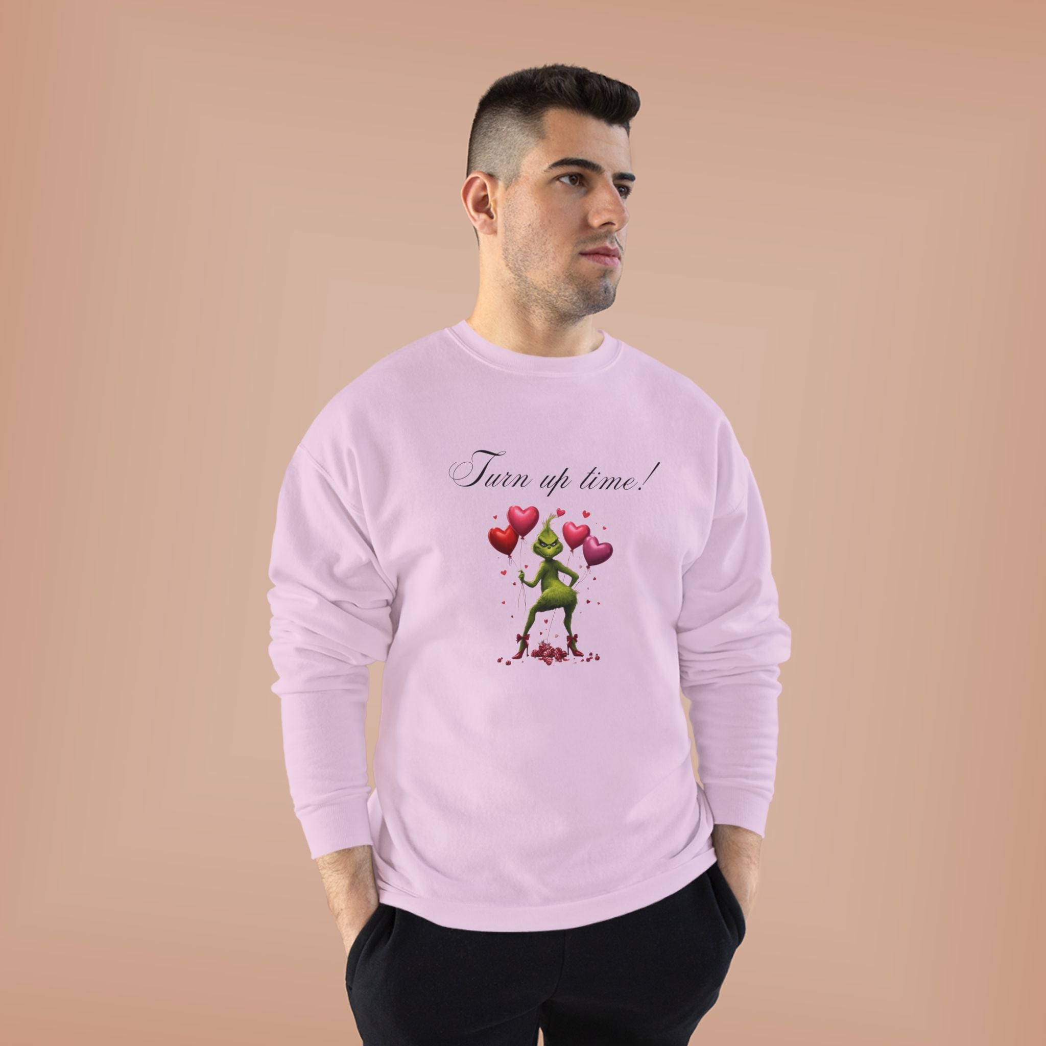 Crewneck Sweatshirt — 'Turn Up Time!' Frog Holding Heart Balloons Romantic Valentine's Pullover