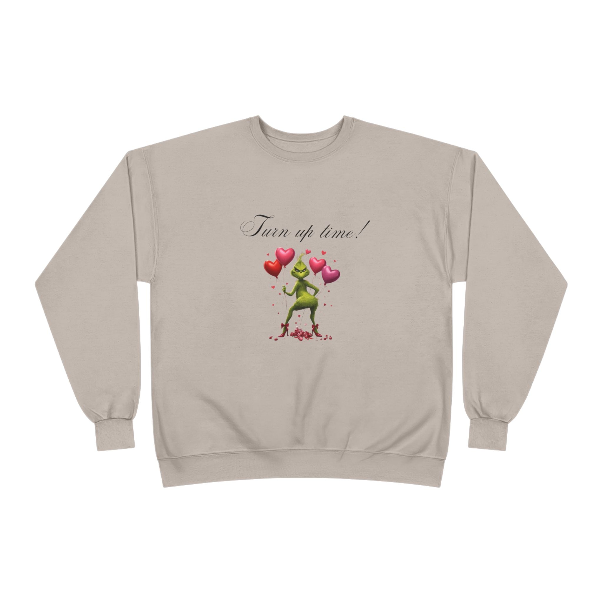 Crewneck Sweatshirt — 'Turn Up Time!' Frog Holding Heart Balloons Romantic Valentine's Pullover