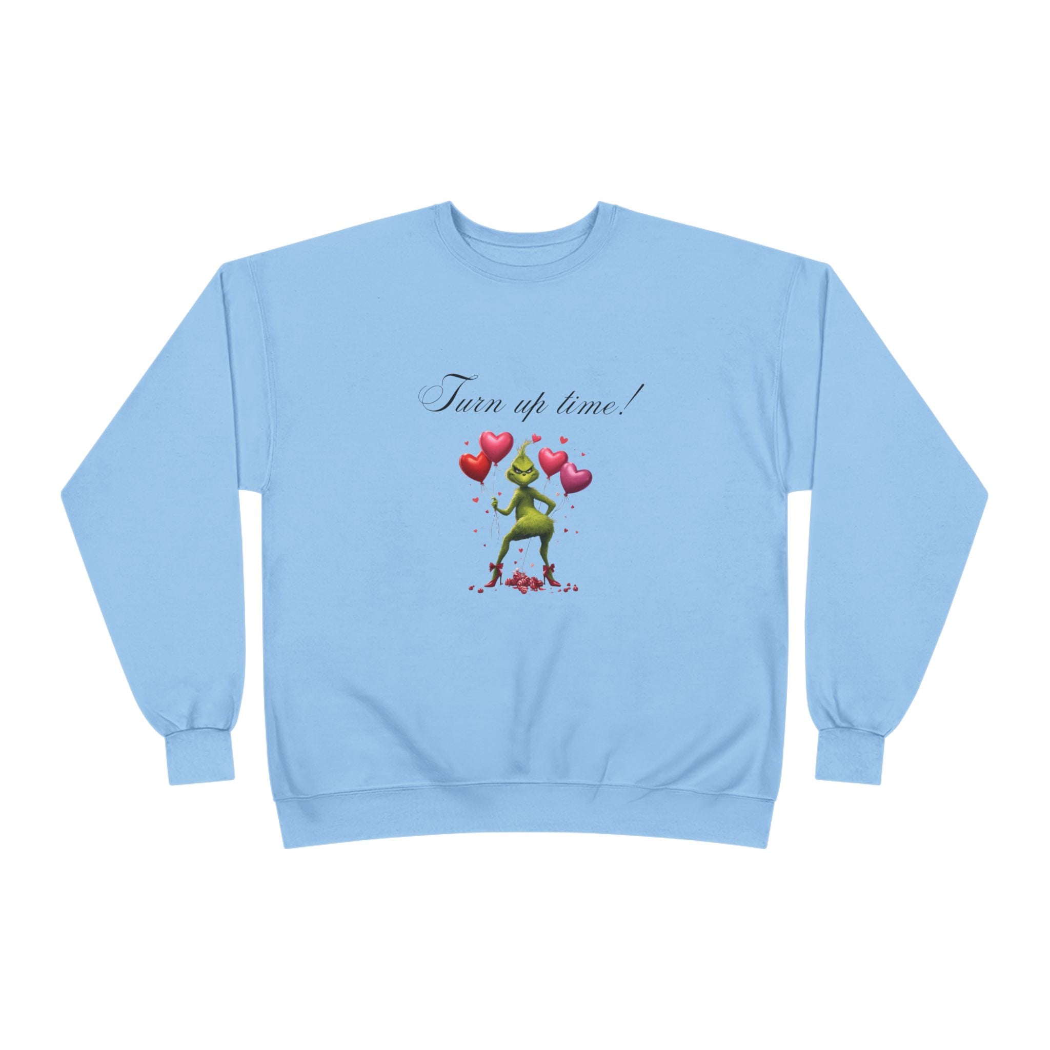 Crewneck Sweatshirt — 'Turn Up Time!' Frog Holding Heart Balloons Romantic Valentine's Pullover