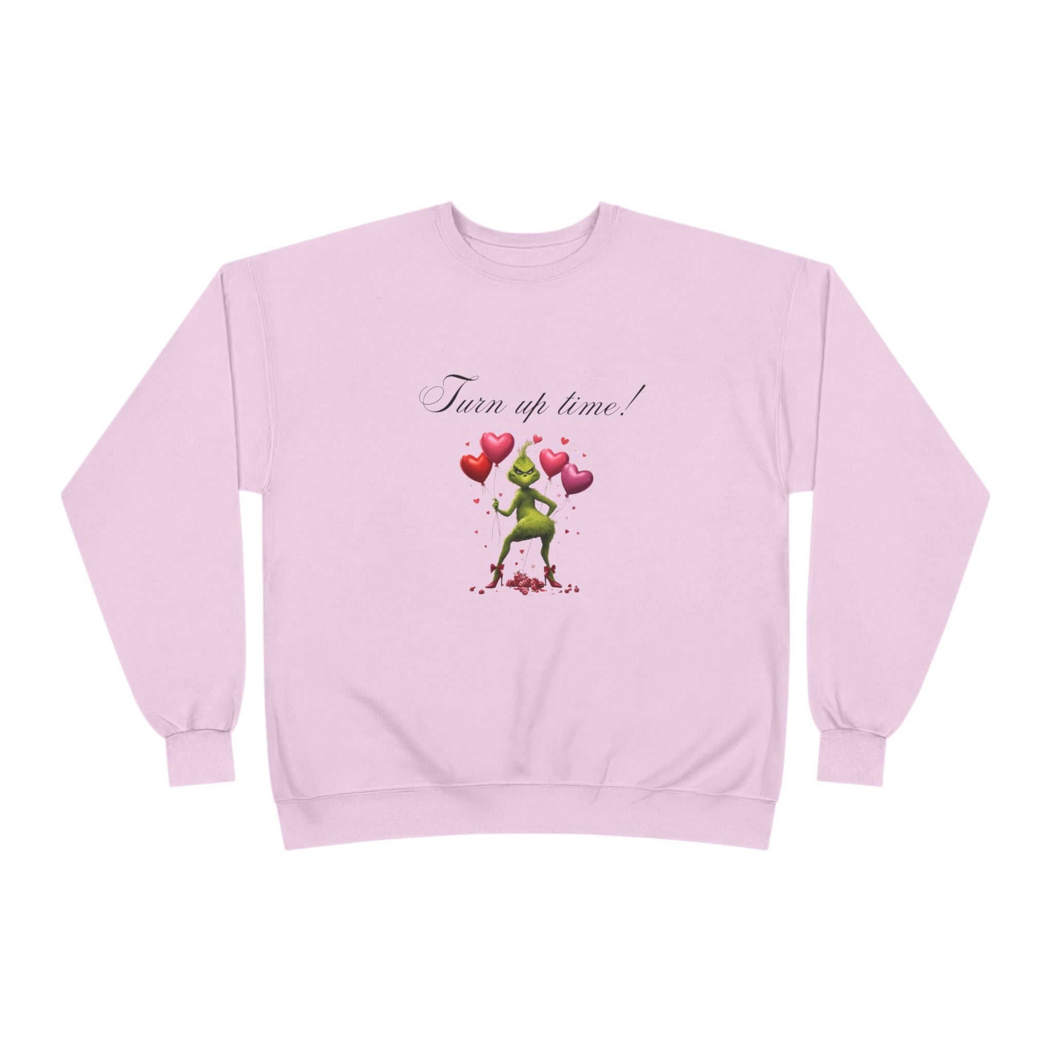 Crewneck Sweatshirt — 'Turn Up Time!' Frog Holding Heart Balloons Romantic Valentine's Pullover