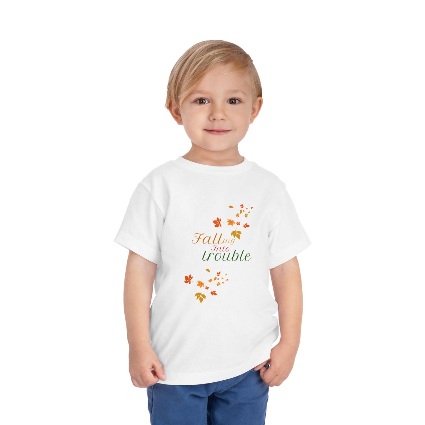 Fall Themed Toddler Short Sleeve Tee - "Falling Into Trouble"