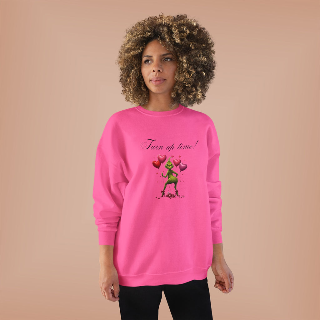 Crewneck Sweatshirt — 'Turn Up Time!' Frog Holding Heart Balloons Romantic Valentine's Pullover