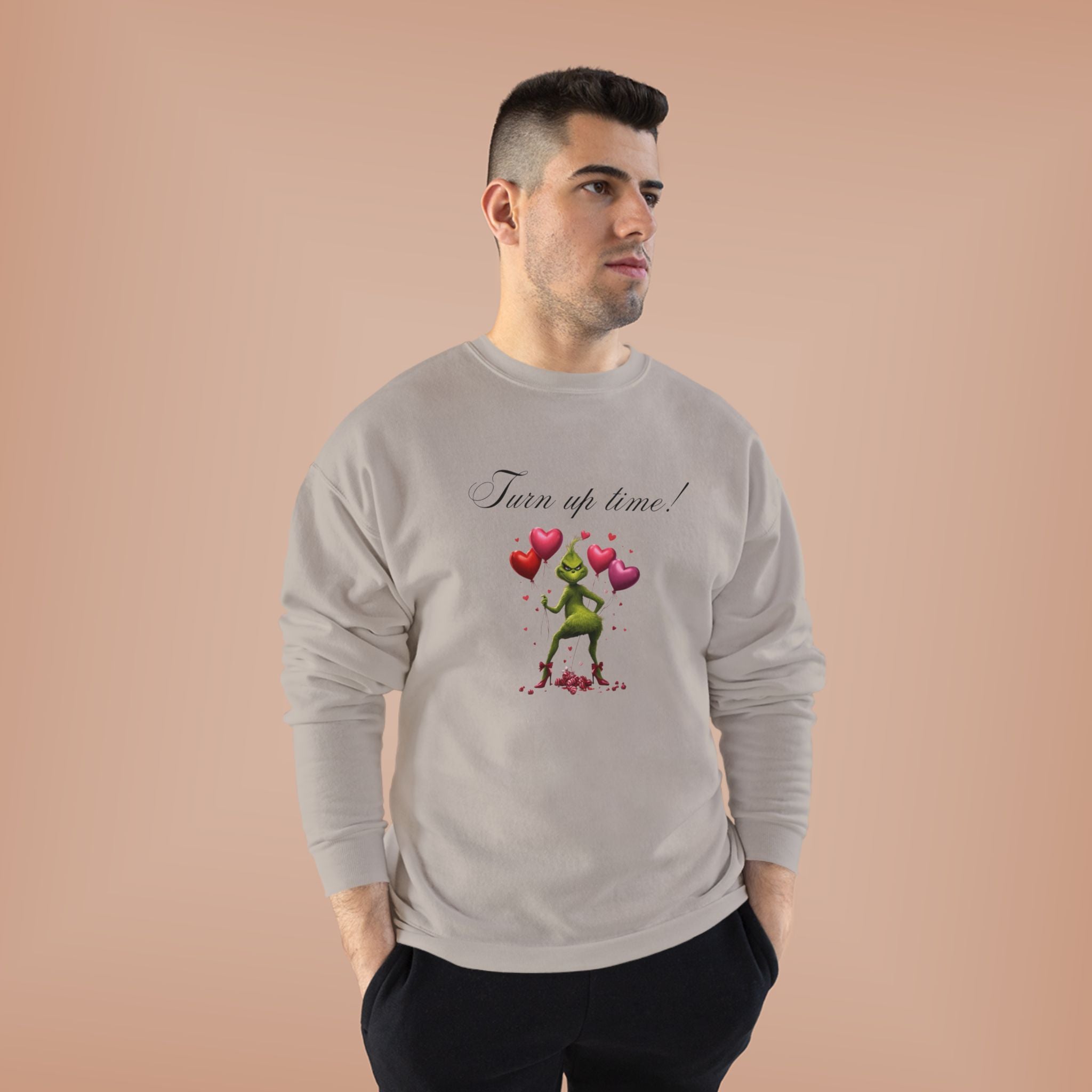 Crewneck Sweatshirt — 'Turn Up Time!' Frog Holding Heart Balloons Romantic Valentine's Pullover