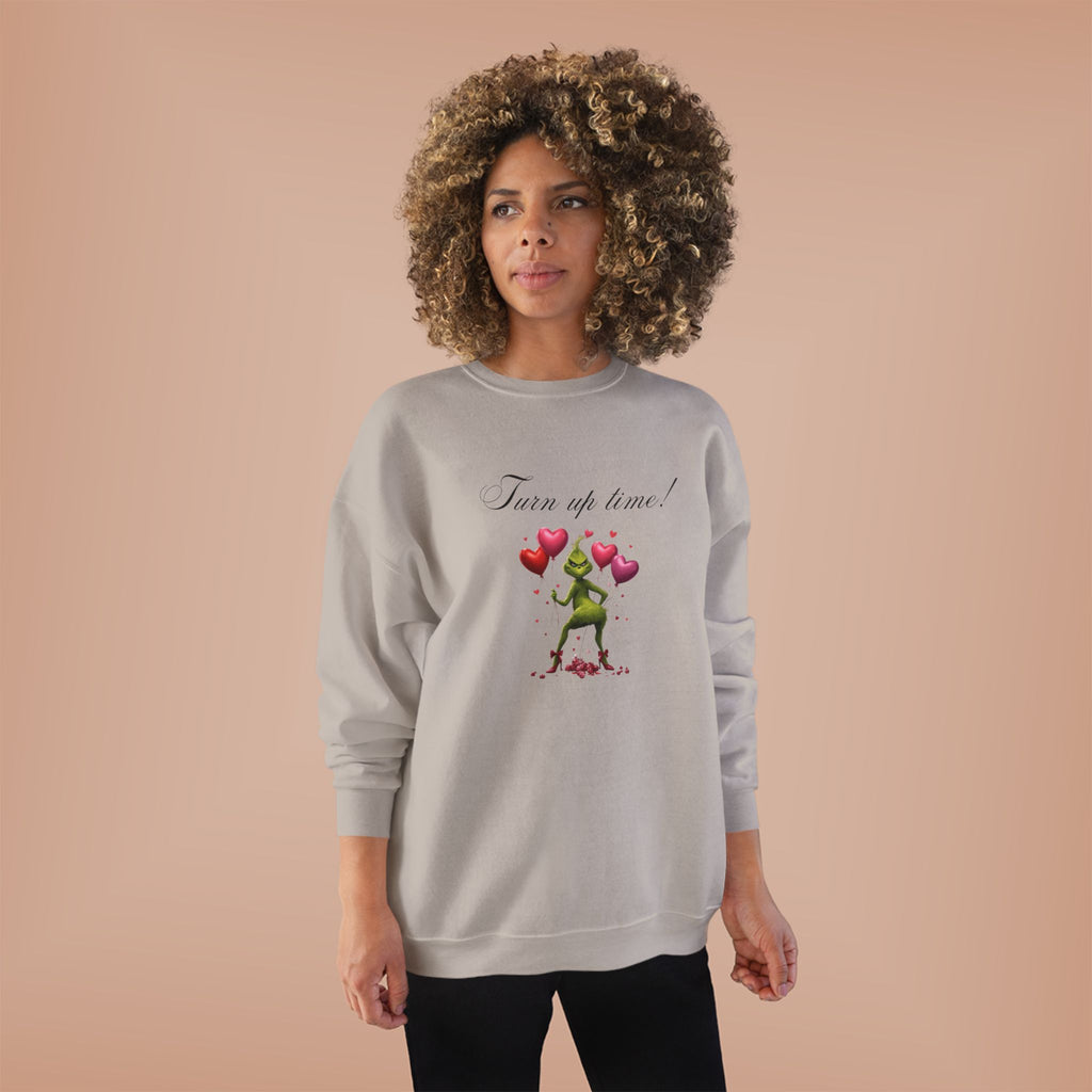 Crewneck Sweatshirt — 'Turn Up Time!' Frog Holding Heart Balloons Romantic Valentine's Pullover
